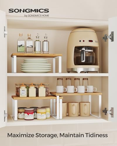 SONGMICS Cabinet Organizer Shelf, Set of 3 Spice Rack, Kitchen Storage | Kitchen Counter Shelves, Kitchen Storage, Spice Rack, Light Bamboo and Matte White, BYSTRO Collection UKCS014W01 - color: Cloud White + Natural Beige