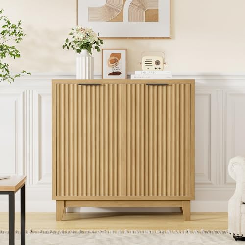 Fluted Cabinet with Storage, Mid Century Modern 2 Doors Sideboard Buffet | Accent Cabinet with Adjustable Shelves, Multifunctional Console Table for Living Room, Kitchen, Entryway, Wood Grain - color: Wood Grain, size: 2 Doors - 15.7"D x 31.5"W x 31.5"H