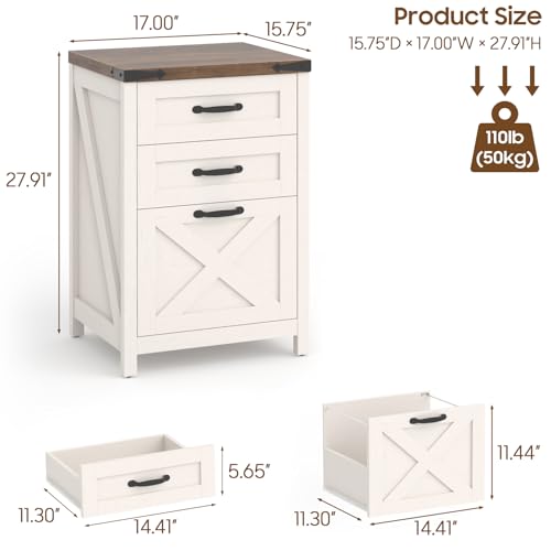 Farmhouse File Cabinet with 3 Drawers for Home Office, White and Brown - color: Rustic White and Brown, size: 3 Drawers