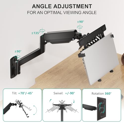 WALI Laptop Wall Mount, Fully Adjustable Laptop Arm Fits 10 to 17" Notebook, 2-in-1 Monitor Wall Mount for 17 to 32" Computer Screen, Holds up to 15.4-22lbs(GSWM001NLP), Black