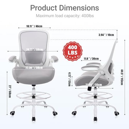 HYLONE 400lbs Heavy Duty Drafting Chair 5" Thickened Seat Office Chair with Flip-Up Armrests Tall Ergonomic Computer Chair with Lumbar Support and Adjustable Footrest Ring Standing Desk Chair (Grey) - color: Grey