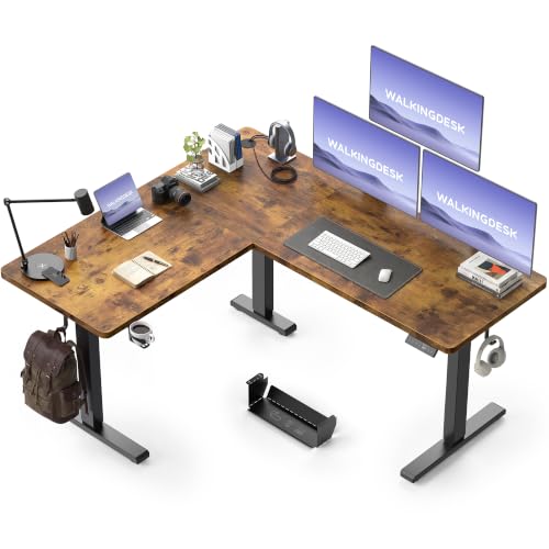 WALKINGDESK 63X55 Inches Reversible L Shaped Standing Desk Height Adjustable with Cup Holder, Electric Corner Computer Desk, Sit Stand up Home Office Desk, Ergonomic Gaming Desk, Rustic Brown - color: Rustic Brown, size: 63" with Cup Holder
