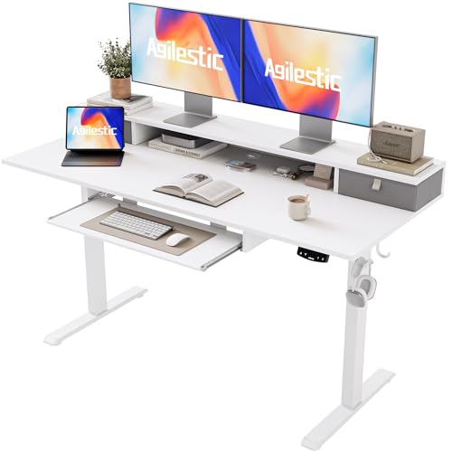 Agilestic 55 Inch Standing Desk with Drawers & Keyboard Tray, White - color: White, size: 55 x 24 Inches with 2 drawers and keyboard tray