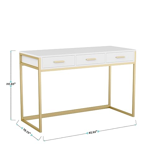 Martha Stewart Ollie Home Office Desk with 3 Drawers in White with Polished Brass Hardware - color: White Top/Polished Brass Frame