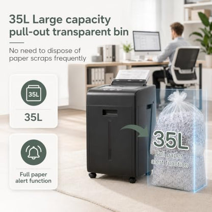 Paper Shredder Heavy Duty 200 Sheet Auto Feed P-5 Micro Cut | 60 Min Run Time Paper Shredder with 35L Pullout Bin/Credit Cards/CDs/Home Office and Small Business Use