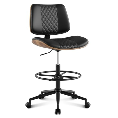 Drafting Chair with Adjustable Footrest, Rolling Walnut Stool, Black - color: Black