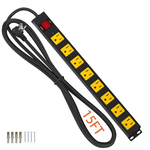 8 Outlet Metal Heavy Duty Long Power Strip, 2100J Surge Protector with 15 FT Extension Cord, Wide Spaced and Wall Mount Powerstrip for Home, Industrial, Workshop & Garage (15FT) - size: 15FT