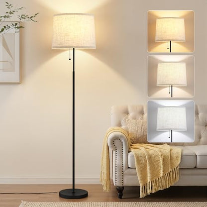 Floor Lamps for Living Room & Bedroom, 60" Modern Tall Standing Lamp, 3CCT | Lamps for Office, Classroom, Bedside, Linen Lampshade, Pull Chain Switch, Modern Design, Anti-glare Lighting, Easy Assembly - color: Linen T-Shades+Black Pole