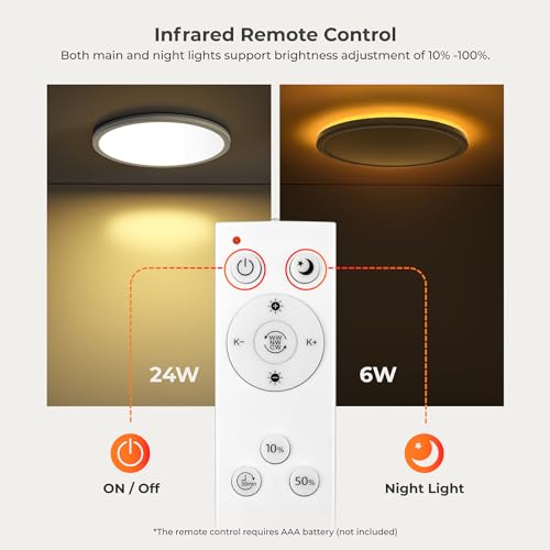 Matane 12in LED Flush Mount Ceiling Light Fixture with Remote Control, Nightlight 2000K Warm, 3000K-6500K Adjustable, Wired Low Profile Ceiling Lights for Bedroom, Kitchen, Living Room, White - color: White, size: 12 Inch