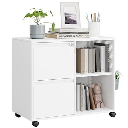 MIIIKO 2 Drawer File Cabinet with Lock, Metal Rolling Printer Stand Filing Cabinets with Drawers for Home Office,A4, Letter Size File Folders(White) - color: White, size: 2 Drawer-31.5"W -Mobile-a