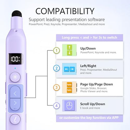 N21 Bluetooth Presentation Clicker for PowerPoint with Retractable Pointer | ①Laser Pointer②Telescopic touch pen③Countdown timer, vibration alert ④Customizable Button ⑤Rechargeable;battery level display - color: Purple - Green Pointer