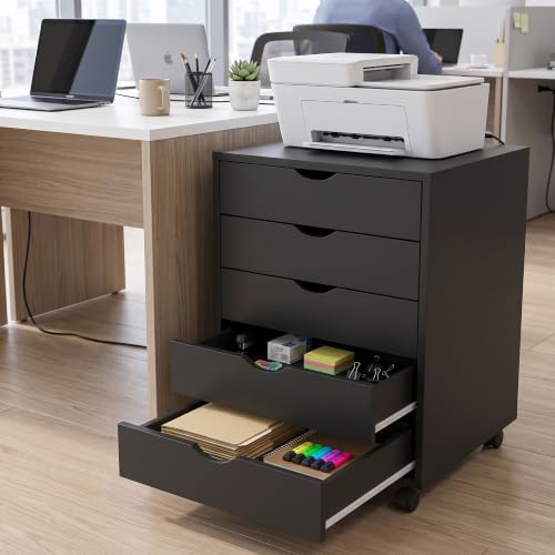 5 Drawer File Cabinet with Wheels, Under Desk Storage Drawers, Black - color: Black, size: 15.75"D x 18.74"W x 25.39"H(5 Drawers)