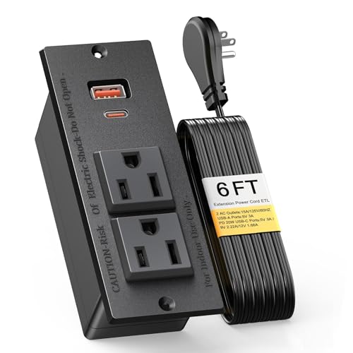 Recessed Power Strip, Flat Plug Furniture Table Outlets with USB C 20W and 1 USB A Port for Multiple Devices, 6ft Extension Cord, 20W Power Delivery Charging for Home, Office, Dorm Essential