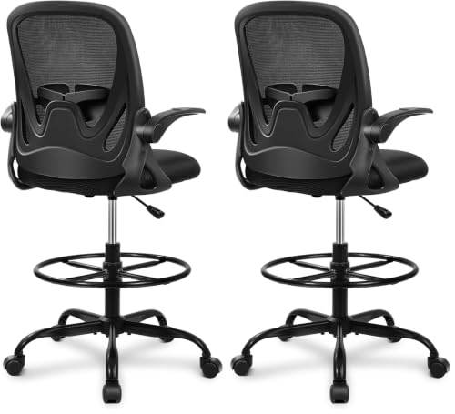 Primy Drafting Chair Tall Office Chair with Flip-up Armrests Executive Ergonomic Computer Standing Desk Chair with Lumbar Support and Adjustable Footrest Ring (Black) (Pack of 2) - color: Black, size: 934-Z (Pack of 2)