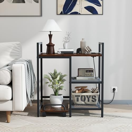 Giantex 3-Tier Printer Stand with Charging Station, 2 Open Storage Shelves, Side PC Stand on Wheels, 25" x 16" Mobile Printer Table for Computer Tower, Printer Shredder, Fax, Under Desk, Home Office - color: Rustic Brown & Black
