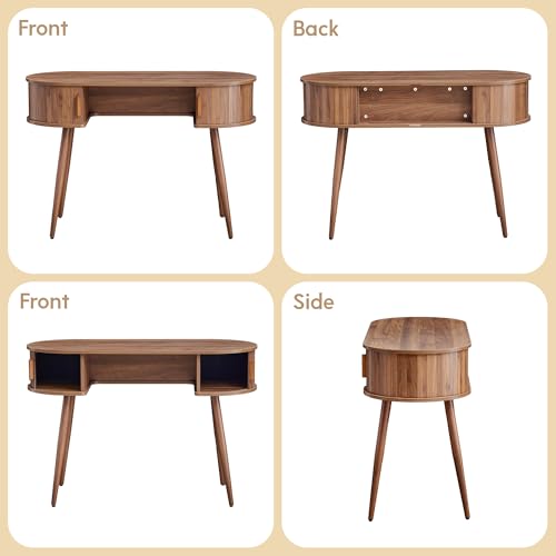 43" Wood Writing Desk, Laptop Desk with Storage, Vanity Table Study Desk | Mid-Century Writing Desk, Walnut Laptop Desk with Storage, Fluted Vanity Table Desk for Office, Bedroom, Study Room - color: Walnut-43 Inch