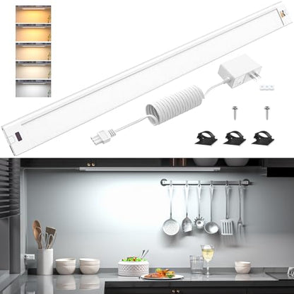 WOBANE Dimmable Under Cabinet Lighting, 24in Plug in LED Counter Light Bar | Hand Wave Activated, Touchless for Kitchen Cabinet, Shelf, Under Desk, Color Tunable 2700K to 6500K,White Panel,1400LM - size: 24 inch