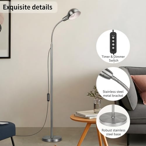 Nickel Floor Lamp with Flexible Gooseneck and Rotatable Shade，Standing Lamp include Dimmer LED Bulb，Ideal Tall Lamp with Dimmer and Timer Switch for Reading,Bedside and Living Room (Nickel Satin) - color: Nickel Satin