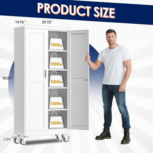 erosoei 71" H Metal Garage Storage Cabinet, Rolling Tool Cabinet with 2 Doors and Wheels, Locker Steel Cabinet with 4 Adjustable Shelves, Organization Cabinet for Garage,Office,Home,Gym,School（White） - color: White, size: 71"-CasLck