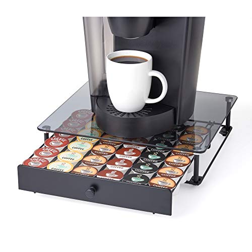 Nifty Rolling Coffee Pod Drawer – Tempered Glass, Black, Compatible with K-Cups, 36 Pod Pack Holder, Compact Under Coffee Pot Storage Drawer, Slim Home Kitchen Counter Organizer