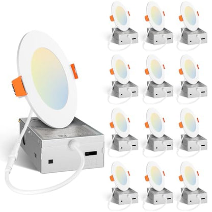 Amico 12 Pack 4 Inch LED Recessed Lighting, Canless Wafer Downlight, White | 5CCT 2700K-5000K, 5%-100% Dimmable, Ultra-thin, Metal housing, 800LM 11W 120V, IC & Damp Rated, ETL & FCC, 50000h Life Span - color: White, size: 4 Inch