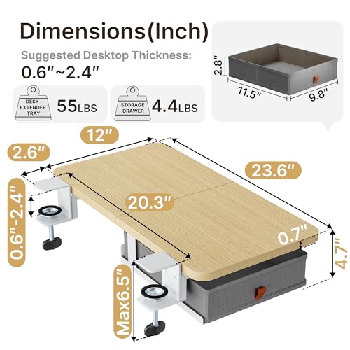 PEGZONE Desk Extender Tray, 24" x 12", with Storage Drawer, Medium, Wood - color: Wood, size: Medium