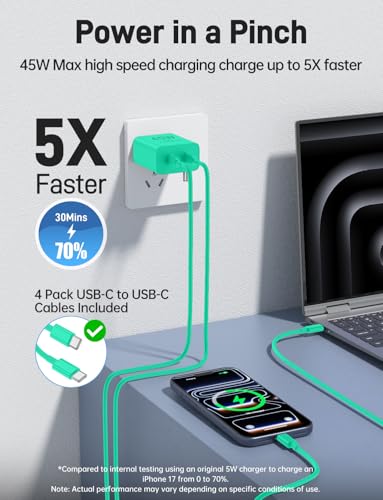45W iPhone 17 16 15 Charger Fast Charging, 2 Pack Dual Port USB C Charger - color: Green, size: 2pack-(3+6+6+10)ft