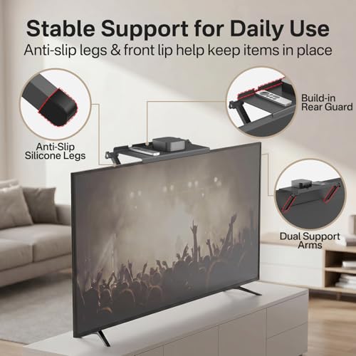 13 Inch Wide Platform TV Top Shelf for Cable Box, Adjustable Shelf for Top of TV with Remote Holder & Anti-Slip Legs, Flat Screen TV Top Shelf for Streaming Devices, Router, Media Box, Game Console