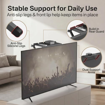 13 Inch Wide Platform TV Top Shelf for Cable Box, Adjustable Shelf for Top of TV with Remote Holder & Anti-Slip Legs, Flat Screen TV Top Shelf for Streaming Devices, Router, Media Box, Game Console