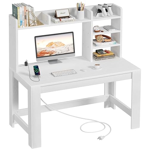 WINAZ White Desk with Hutch and Power Outlet, 43 Inch Small Space Computer Writing Desk with Storage Shelves, Modern Home Office Workstation for Bedroom Dorm - color: White