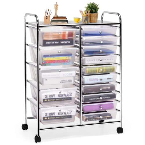 COSTWAY 15 Drawer Rolling Storage Cart, Mobile Utility Cart with Lockable Wheels, Drawers, Multipurpose Organizer Cart for Home, Office, School, Clear - color: Clear