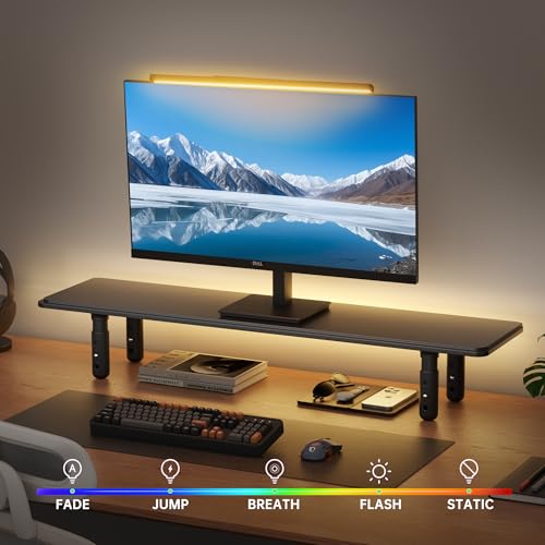 AFOOYO Dual Monitor Stand for Desk, Adjustable Height Wood Computer Riser, Ergonomic Monitor Shelf for Laptop, Printer, TV, Black - Large Storage Space, Sturdy Desk Organizer for Home & Office,Black