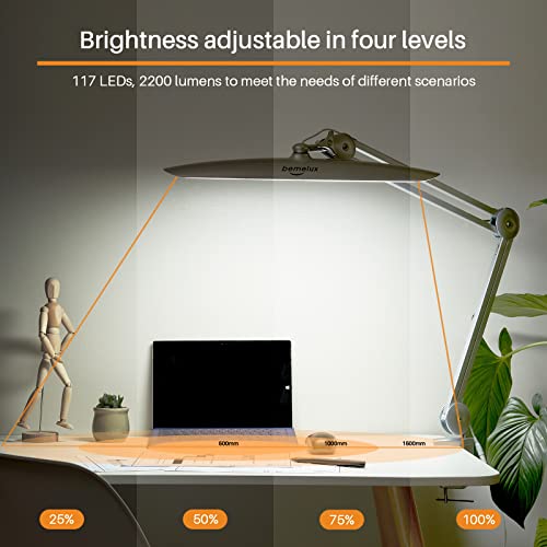 LED Desk Lamp with Clamp, Dimming Task Lamp for Reading Desktop Office Workbench Table Architect Sewing Study Home Craft, 117PCS LEDs, 2200 Lumens 20 Inch Metal Swivel Arm Work Lamp (Silver) | 117 SMD LEDs with 4 brightness levels provide eye-caring light