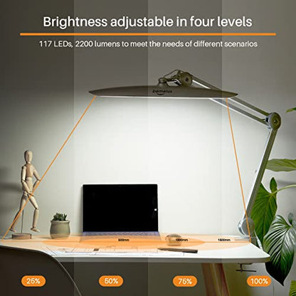 LED Desk Lamp with Clamp, Dimming Task Lamp for Reading Desktop Office Workbench Table Architect Sewing Study Home Craft, 117PCS LEDs, 2200 Lumens 20 Inch Metal Swivel Arm Work Lamp (Silver) | 117 SMD LEDs with 4 brightness levels provide eye-caring light