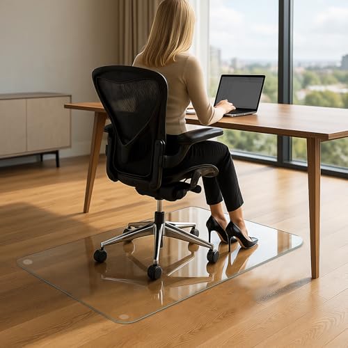 VASUHOME Heavy-Duty Tempered Glass Chair Mat, 31 x 48 Inch Large Office Floor Mat for Carpet or Hardwood Floors, 1/5" Thick with 12 Anti-Slip Pads - size: 31" x 48" w/o Lip