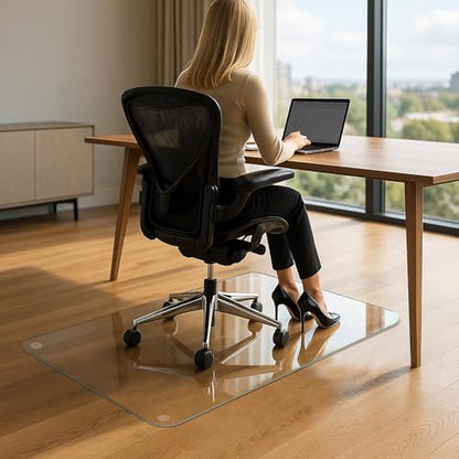 VASUHOME Heavy-Duty Tempered Glass Chair Mat, 31 x 48 Inch Large Office Floor Mat for Carpet or Hardwood Floors, 1/5" Thick with 12 Anti-Slip Pads - size: 31" x 48" w/o Lip