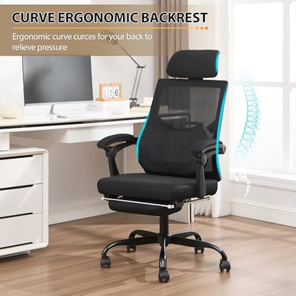 Qulomvs Ergonomic Office Chair with Massage&Heated Lumbar Support, Kneading Massage Office Chair with Foot Rest, Reclining Home Office Desk Chair Adjustable Mesh Computer Desk Chair with Wheels - color: Black With Massager