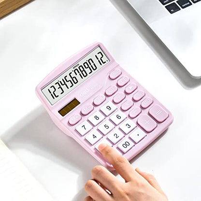 Calculator, Deli Standard Function Desktop Calculators with 12 Digit Large LCD Display and Sensitive Button, Solar Battery Dual Power Office Calculator, Pink - color: Pink