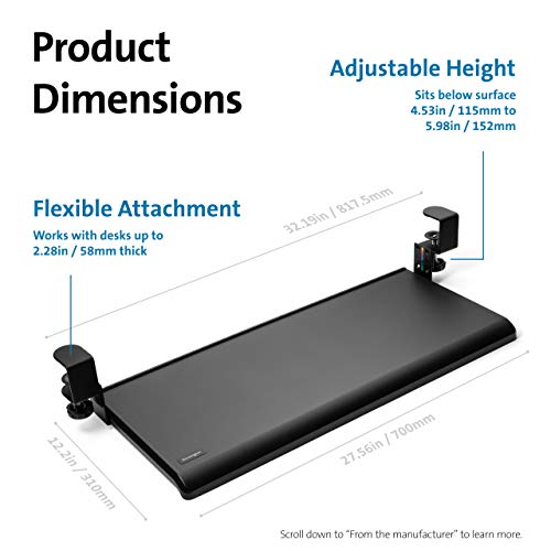 Kensington Clamp-On Keyboard Tray, Under Desk Keyboard Drawer with Cable Management, Ergonomic Smartfit Slide-out Height Adjustable Keyboard Holder, Black 13.3"x32.4"x2.4" K55407WW | SmartFit slide-out drawer, cable management, height adjustable, ergonomi