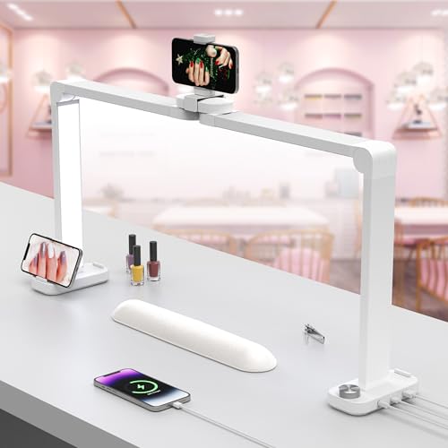 Nail Desk Lamp for Nail Tech, Foldable 34in 48W Half Moon White Light With Phone Holder and USB Charging Port, 3 Color Temperature Dimmable LED Desk Light for Handicrafts, Manicure, Tattoos, Painting - color: White - Rectangle