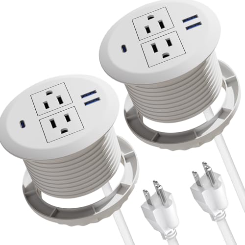 Desktop Power Grommet - Set of 2,3-inch,20W USB C Fast Charging,Fits 3-1/8" Holes.Round Recessed Power Strip Flush Mount Desk Grommet Outlet,2-AC Outlet,3-USB Port,5 ft Cord,White - color: White