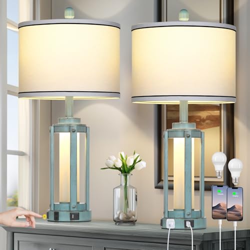 Farmhouse Lamps Set of 2, 26" Vintage Rustic Industrial Beside Lamps with USB A+C Charging Ports & AC Outlet, Nightstand Metal Lamp with LED Night Light & Fabric Shade for Living Room Bedrooms Blue - color: Blue