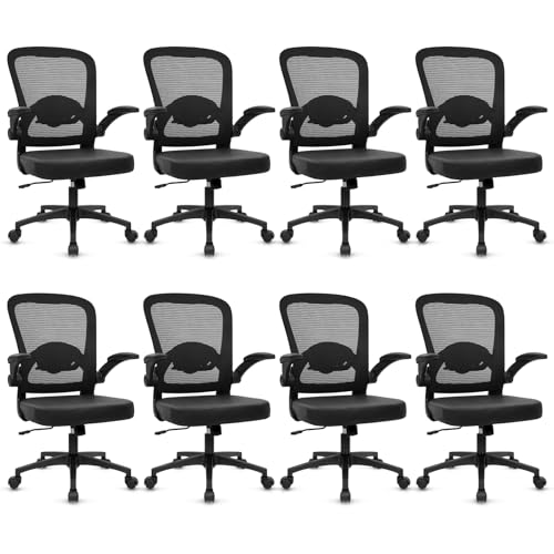 KLASIKA Desk Chairs with Wheels, Ergonomic Mesh Back PU Leather Seat Home Office Adjustable Lumbar Support and Height Swivel Rolling Computer Task Chair with Flip Up Arms for Conference, Black, 8PK - color: Black_villy Leather, size: 8PK
