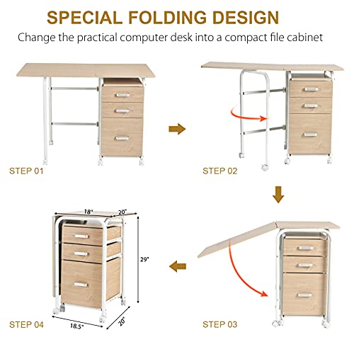 Tangkula Folding Computer Desk with 3 Storage Drawers, Mobile Home Office Desk Study Writing Desk with Smooth Wheels, Space Saving Compact Desk for Dorm Apartment, Rolling Folding Desk Table - color: Natural