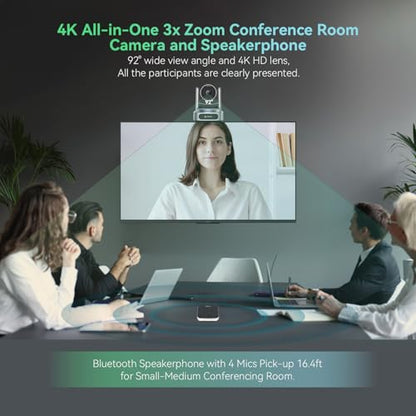 4K Conference Room Camera System, AI Auto-Tracking 4K PTZ Camera 3x Optical Zoom 92° Wide-Angle and Bluetooth Speakerphone 16.4FT Voice Pickup for Conferencing Worship Church Education Medical - color: Grey