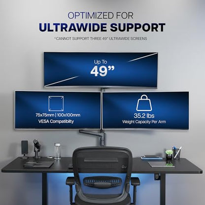 VIVO Pneumatic Arm Triple Ultrawide Monitor Wall Mount for Up to 49 inch Screens with Height Adjustment, Heavy Duty, Holds 3 Ultra Wides Up to 35.2 lbs, Black, MOUNT-VW300D - size: Triple Mount, style: Wall Mount