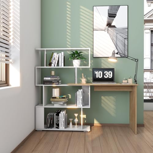 Mondeer 41.7" L-Shaped Desk with 4-Tier Shelves for Home Office - color: White and Wood