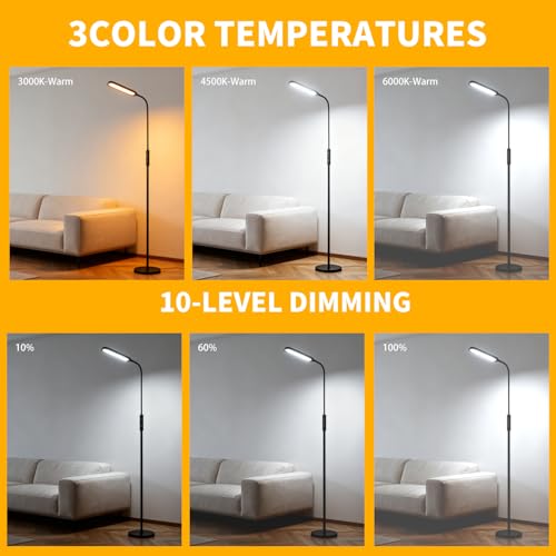 CRI95+ Floor Lamps for Living Room, 18W 3000LM Standing Lamp with 3 Color Temps, Gooseneck Adjustable Dimmable Lamp with Remote, Touch Control for Bedroom, Office, Tattoo Light