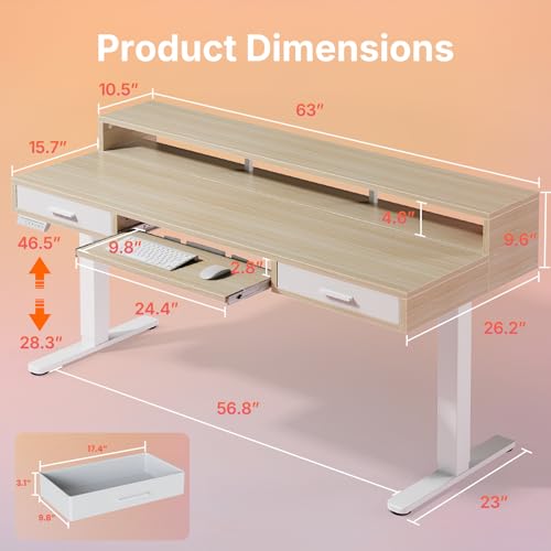 HUANUO 63″ x 26″ Electric Standing Desk with 2 Drawers &24.4″ Large Keyboard Tray, C-Clamp Mount Compatible, Adjustable Computer Desk for Office, Sit Stand Up Desk with 4 Height Presets, Light Walnut - color: Light Walnut, size: 63*26 inch