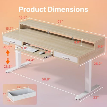 HUANUO 63″ x 26″ Electric Standing Desk with 2 Drawers &24.4″ Large Keyboard Tray, C-Clamp Mount Compatible, Adjustable Computer Desk for Office, Sit Stand Up Desk with 4 Height Presets, Light Walnut - color: Light Walnut, size: 63*26 inch
